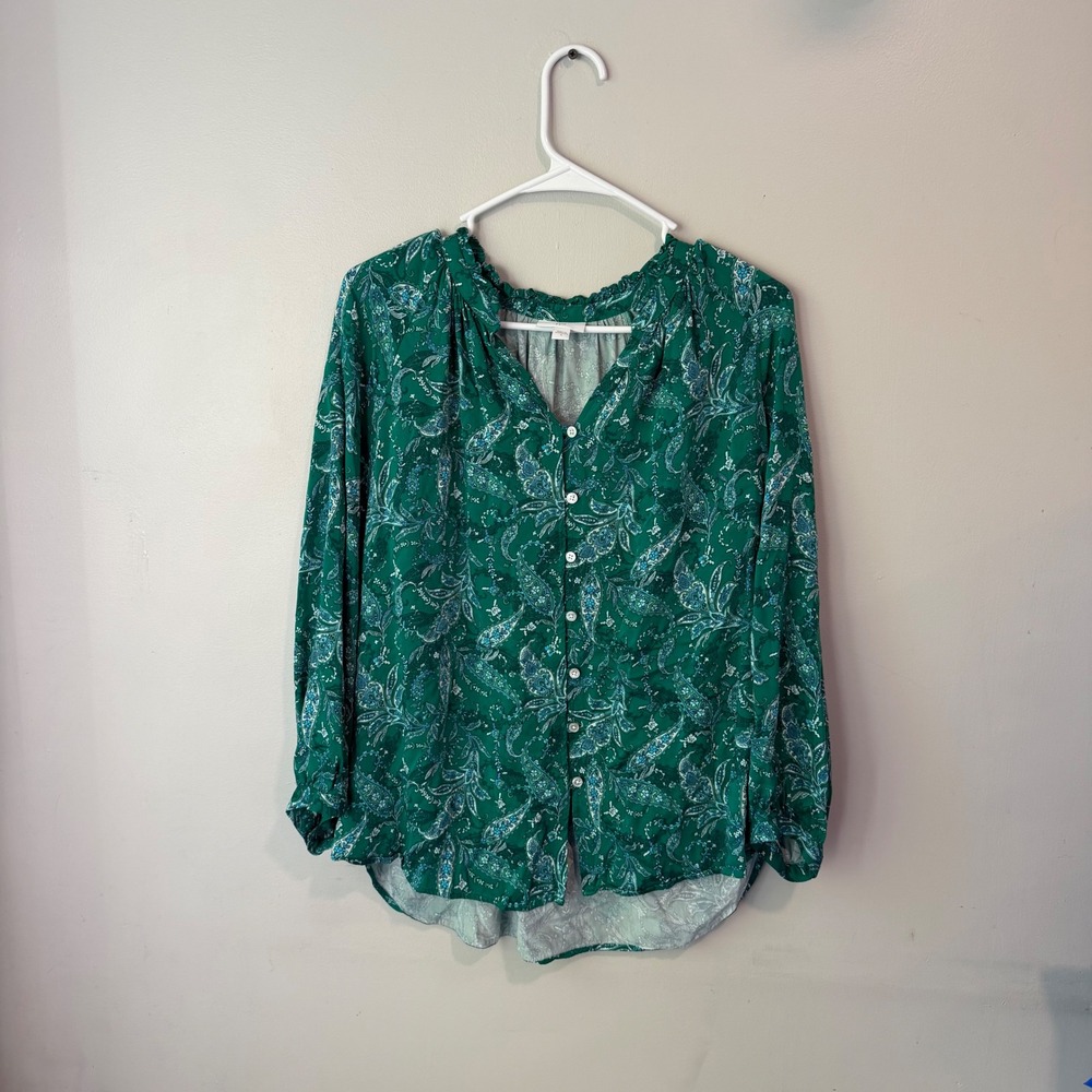 J. Jill Womens Green Paisley Ruffle Neck Button Front Blouse Top Size‎ M